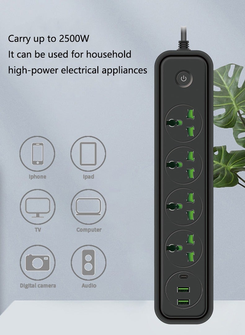 سكاي فيو شريط طاقة واقي من التيار الزائد - سلك تمديد بمقبس مسطح مع 4 منافذ ومنفذين USB ومنفذ Type-C، سلك طاقة بطول 2 متر (2500 وات/10 أمبير/110 فولت - 240 فولت)، مادة مقاومة للحريق من البولي كربونات، مقبس طاقة (أسود) - Image 4