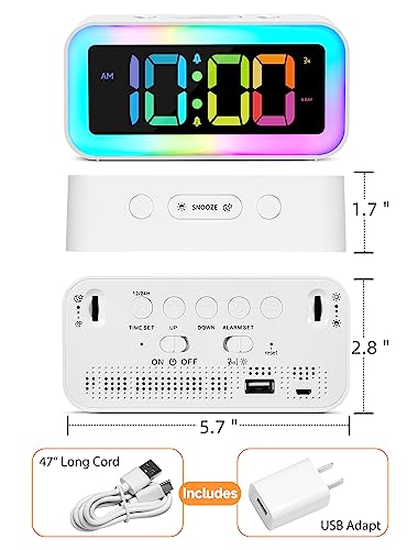 Cadmos Loud Alarm Clock for Bedrooms with Dynamic RGB Night Light,Heavy Sleepers Adults,Dual Alarm,Dimmer,USB Charger,Small Bedside Digital Clock with Led Display for Kids,Teens,Seniors (White) - Image 5