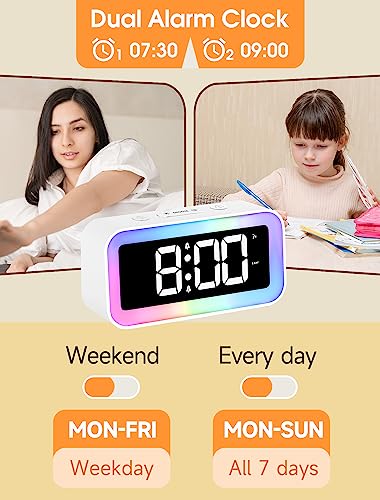 Cadmos Loud Alarm Clock for Bedrooms with Dynamic RGB Night Light,Heavy Sleepers Adults,Dual Alarm,Dimmer,USB Charger,Small Bedside Digital Clock with Led Display for Kids,Teens,Seniors (White) - Image 4