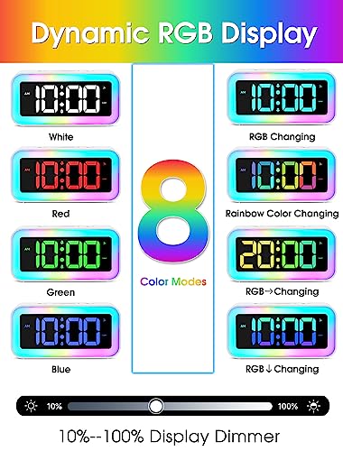 Cadmos Loud Alarm Clock for Bedrooms with Dynamic RGB Night Light,Heavy Sleepers Adults,Dual Alarm,Dimmer,USB Charger,Small Bedside Digital Clock with Led Display for Kids,Teens,Seniors (White) - Image 3