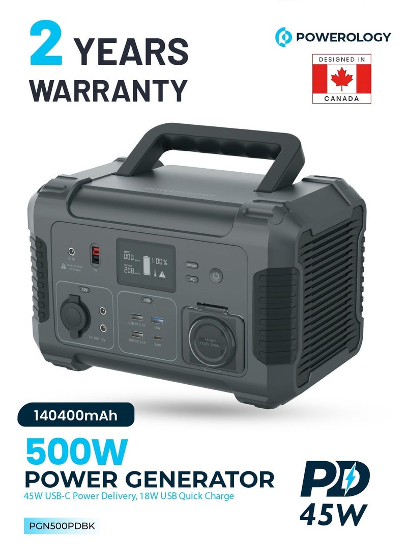 باورولوجي مولد طاقة بقوة 140400 مللي أمبير في الساعة 500 وات إخراج موجة جيبية نقية ، شحن سريع 18 وات USB-A ، توصيل طاقة 45 وات USB-C ، 750 وات Max Surge ، حماية مدمجة ، لوحة معلومات LCD - أسود - Image 1