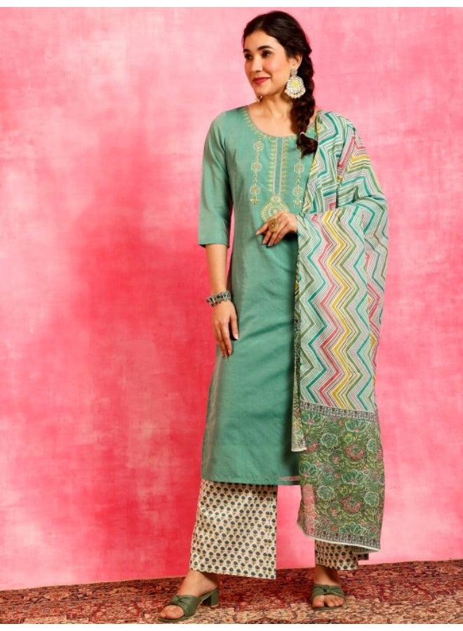 AKS Green & White Printed Kurta & Palazzo With Dupatta Set - Image 1