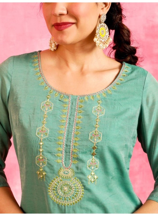 AKS Green & White Printed Kurta & Palazzo With Dupatta Set - Image 2