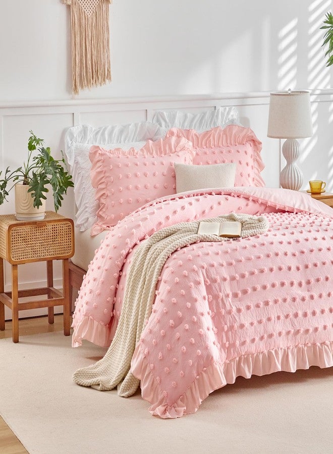 Flysheep Tufted Dots Ruffle Comforter Set Full/Queen Size, 3 Pieces Pink Vintage Farmhouse Shabby Chic Comforters, Jacquard Boho Bohemian Bedding Set for All Season (1 Ruffled Comforter+ 2 Pillow Shams) - Image 4