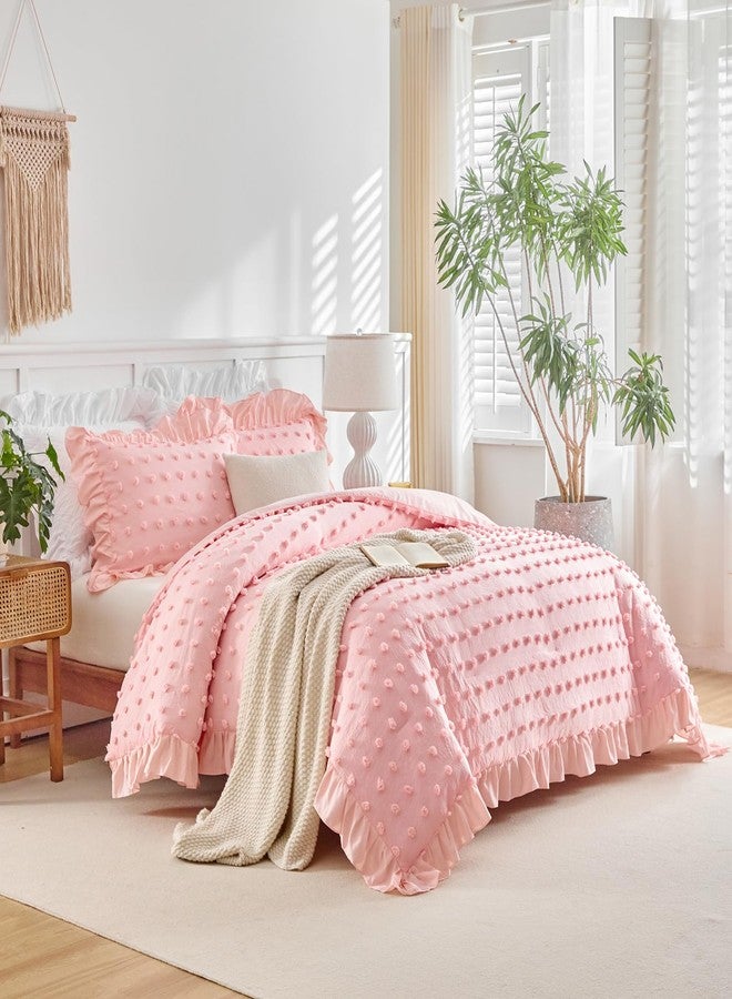 Flysheep Tufted Dots Ruffle Comforter Set Full/Queen Size, 3 Pieces Pink Vintage Farmhouse Shabby Chic Comforters, Jacquard Boho Bohemian Bedding Set for All Season (1 Ruffled Comforter+ 2 Pillow Shams) - Image 2