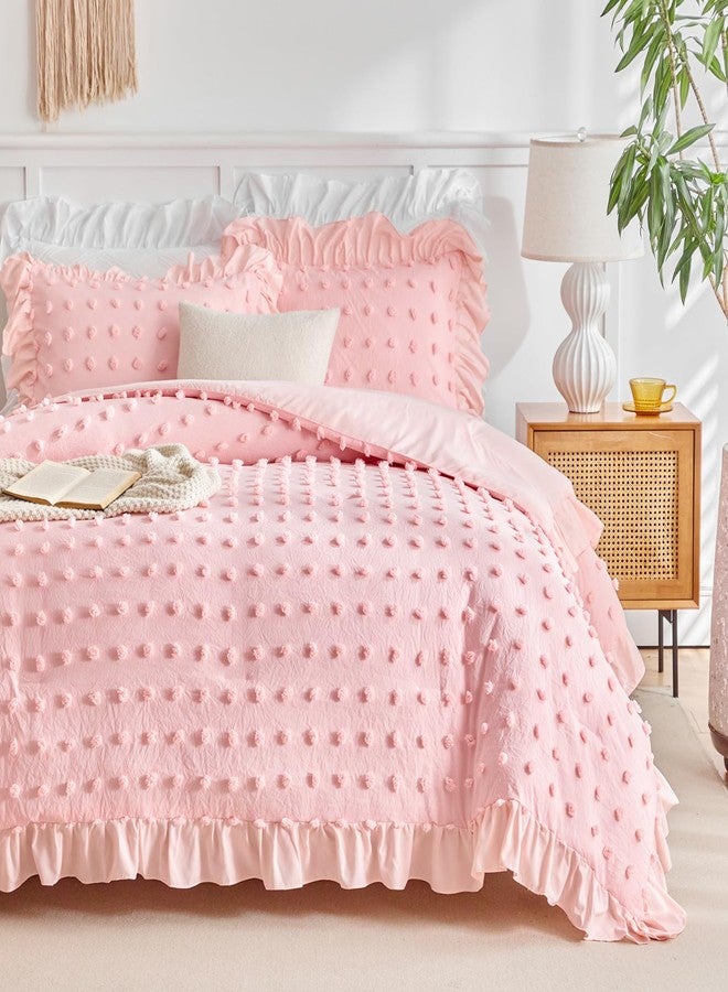 Flysheep Tufted Dots Ruffle Comforter Set Full/Queen Size, 3 Pieces Pink Vintage Farmhouse Shabby Chic Comforters, Jacquard Boho Bohemian Bedding Set for All Season (1 Ruffled Comforter+ 2 Pillow Shams) - Image 5