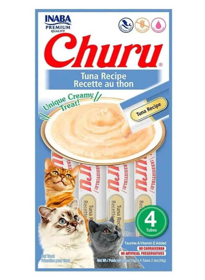 INABA Churu Cat Treats Tuna Flavor, Creamy Puree, Delicious Flavor, 4 Tubes of 14 grs each