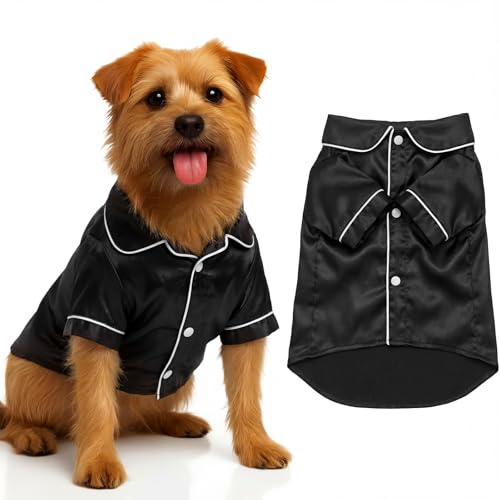 Cosblank Dog Silk Pajamas Shirts Puppy Satin Pjs Pet Sleepwear Soft Faux Silk Lapel Two-Legged for Small Dogs Bridal Party(M,Navy)(M,Black) - Image 1