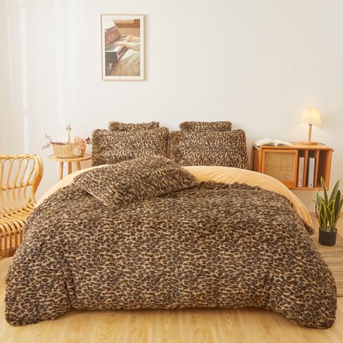 FOPPA Fluffy Faux Fur Cheetah Comforter Cover Set Queen - Ultra Soft Plush Leopard Bedding Sets 3 Pieces (1 Fluffy Duvet Cover + 2 Faux Fur Pillow case) Leopard Print Bed Set (Cheetah, Queen) - Image 1