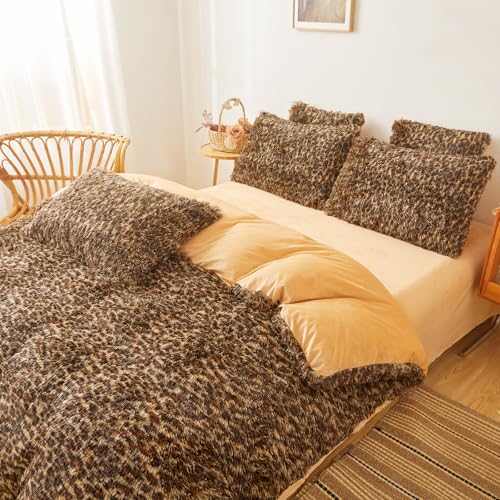 FOPPA Fluffy Faux Fur Cheetah Comforter Cover Set Queen - Ultra Soft Plush Leopard Bedding Sets 3 Pieces (1 Fluffy Duvet Cover + 2 Faux Fur Pillow case) Leopard Print Bed Set (Cheetah, Queen) - Image 3