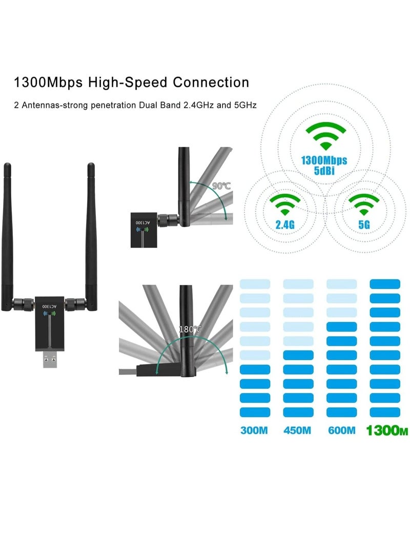 Wireless USB WiFi Adapter, 1300Mbps Dual-Band WiFi Dongle 2.4G/5G、 Wireless Network Adapter With USB 3.0 Base、 High Gain Antenna And Extension Cable, Suitable For Windows 11/10/8/7 And Mac OS X - Image 5