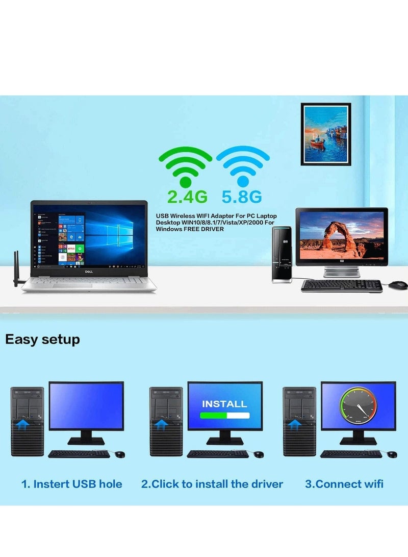 Wireless USB WiFi Adapter, 1300Mbps Dual-Band WiFi Dongle 2.4G/5G、 Wireless Network Adapter With USB 3.0 Base、 High Gain Antenna And Extension Cable, Suitable For Windows 11/10/8/7 And Mac OS X - Image 2