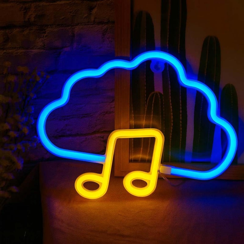 Horoof Home Cloud Notes Neon LED Wall Light - 40x30 cm Acrylic Music Decor in Blue and Yellow - Image 1