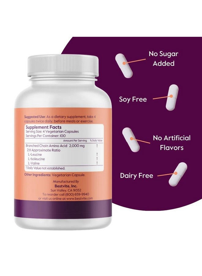 BESTVITE BESTVITE Vegan BCAA 500mg per Capsule of Amino Acids (400 Vegetarian Capsules) - 2000 mg per Serving - No Stearates - Vegan - Gluten Free - Non GMO - Image 2