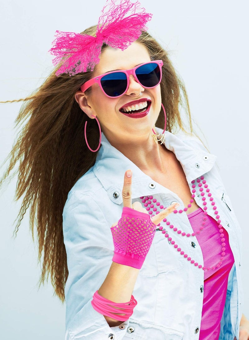 80s Fancy Dress Costume Accessories Lace Headband Earrings Fishnet Gloves Necklace Bracelet for Retro Party, Pink - Image 3