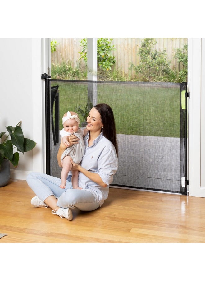 Perma Child Safety Retractable Baby Gate Perma Child Safety 41" Tall x 71” Wide, Mesh, for Stairs, Doorways, Dogs, Pets, Indoor, Outdoor, One-Handed Operation, Locking, Easy Install, Hardware Mount, Black  - Image 1