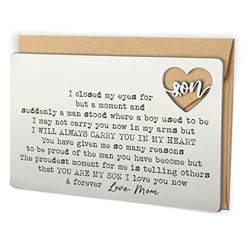 YODOCAMP Son Gifts From Mom, Engraved Wallet Card Inserts Keepsake Gifts for Son From Mom for Christmas Graduation Birthday Gift Ideas - Image 1