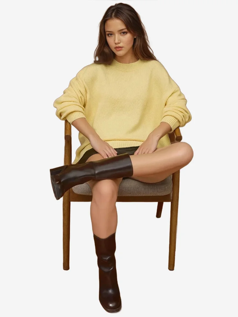 HICCUP Thick Knit Crew Neck Long Sweater