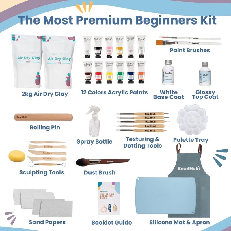 BeadHub Pottery Kit for Beginners, 4.4LBS Air Dry Clay for Adults with Sculpting Tools, Paint, Glaze, 2kg Air-Dry Modeling Clay | Molding, Sculpt & Painting Set, Hobby Date Night DIY Art Craft Kits (White) - Image 3