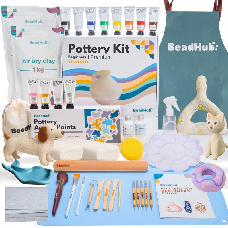 BeadHub Pottery Kit for Beginners, 4.4LBS Air Dry Clay for Adults with Sculpting Tools, Paint, Glaze, 2kg Air-Dry Modeling Clay | Molding, Sculpt & Painting Set, Hobby Date Night DIY Art Craft Kits (White) - Image 1