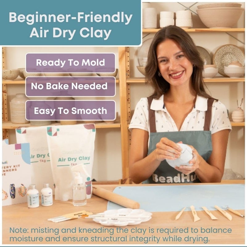 BeadHub Pottery Kit for Beginners, 4.4LBS Air Dry Clay for Adults with Sculpting Tools, Paint, Glaze, 2kg Air-Dry Modeling Clay | Molding, Sculpt & Painting Set, Hobby Date Night DIY Art Craft Kits (White) - Image 4