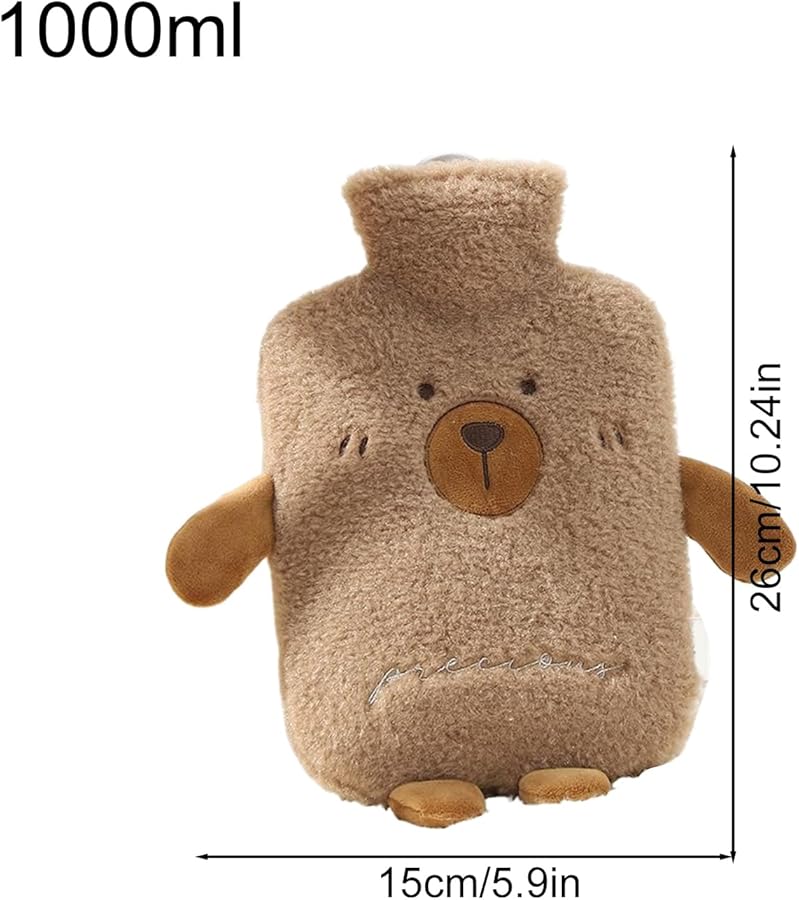 زجاجة ماء ساخن على شكل دب 1 لتر مقاومة للتسرب، ضغط دافئ بغطاء ناعم للأطفال والنساء والرجال للاستخدام في الشتاء - Image 3
