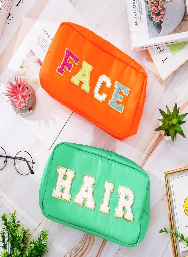 Whaline 4Pcs Preppy Nylon Cosmetic Bag Chenille Letter Makeup Organizer Bag Set Patches Toiletry Cosmetic Case Waterproof Zipper Cosmetic Pouch for Women (Neon Color,Skin,Stuff,Hair,Face) - Image 3