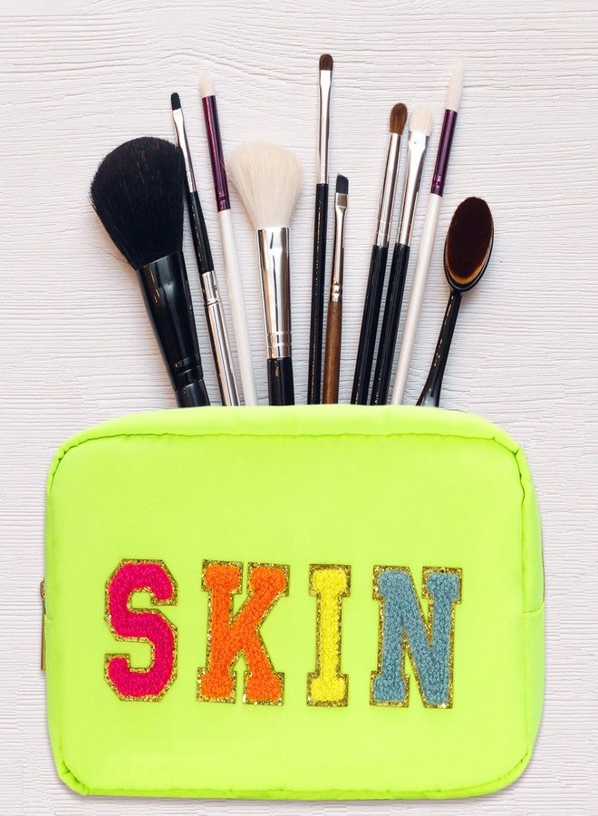 Whaline 4Pcs Preppy Nylon Cosmetic Bag Chenille Letter Makeup Organizer Bag Set Patches Toiletry Cosmetic Case Waterproof Zipper Cosmetic Pouch for Women (Neon Color,Skin,Stuff,Hair,Face) - Image 5