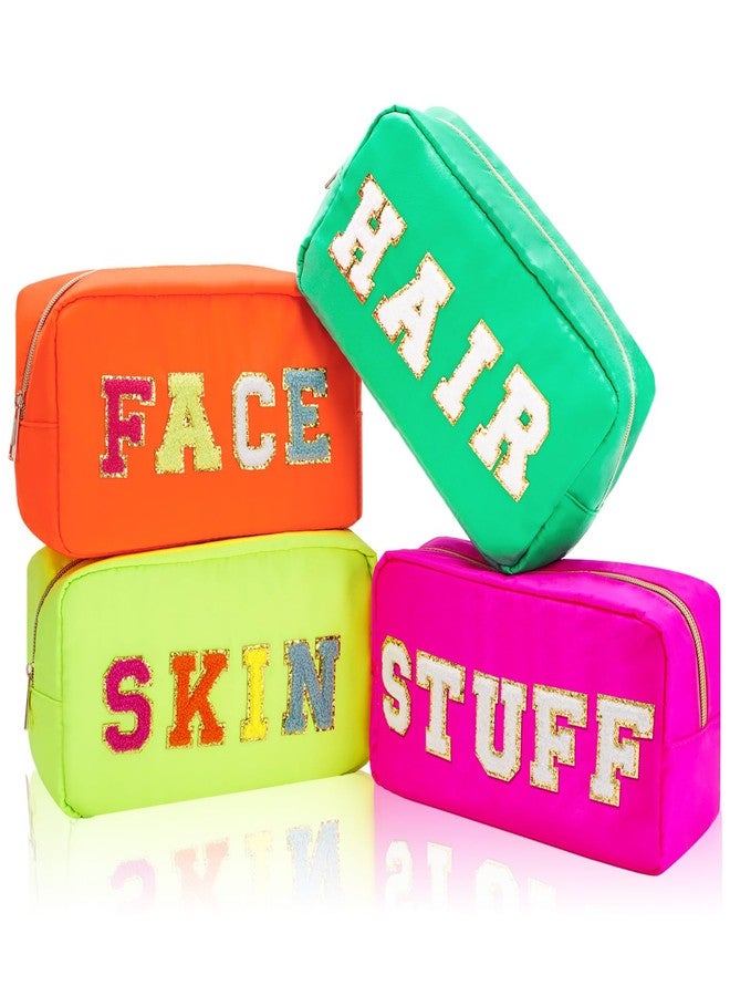 Whaline 4Pcs Preppy Nylon Cosmetic Bag Chenille Letter Makeup Organizer Bag Set Patches Toiletry Cosmetic Case Waterproof Zipper Cosmetic Pouch for Women (Neon Color,Skin,Stuff,Hair,Face) - Image 1