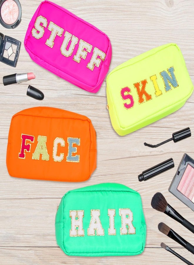 Whaline 4Pcs Preppy Nylon Cosmetic Bag Chenille Letter Makeup Organizer Bag Set Patches Toiletry Cosmetic Case Waterproof Zipper Cosmetic Pouch for Women (Neon Color,Skin,Stuff,Hair,Face) - Image 4