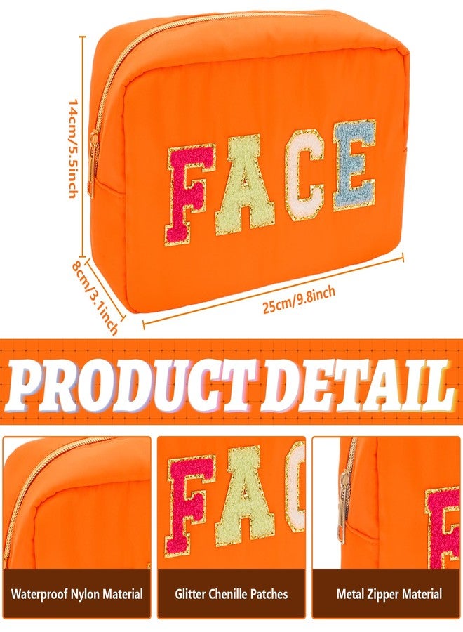 Whaline 4Pcs Preppy Nylon Cosmetic Bag Chenille Letter Makeup Organizer Bag Set Patches Toiletry Cosmetic Case Waterproof Zipper Cosmetic Pouch for Women (Neon Color,Skin,Stuff,Hair,Face) - Image 2