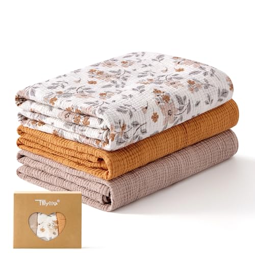 TILLYOU 3 Pack Muslin Swaddles for Newborns Baby Blankets for Girls Boys Cotton Swaddle Blankets 47X47 Yellow Flower - Image 1