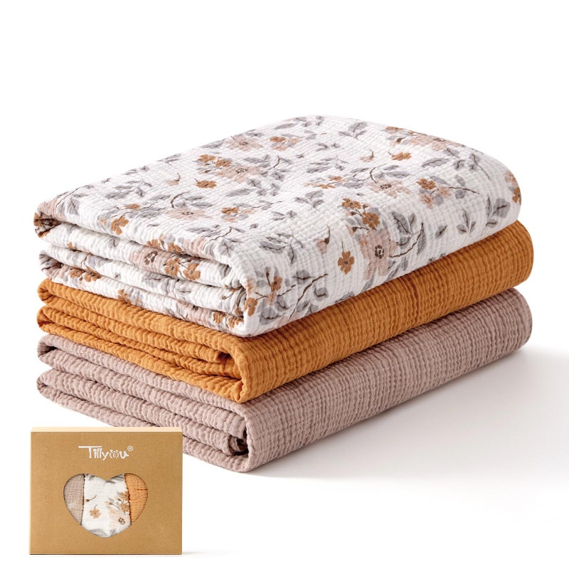 TILLYOU 3 Pack Muslin Swaddles for Newborns Baby Blankets for Girls Boys Cotton Swaddle Blankets 47X47 Yellow Flower - Image 2