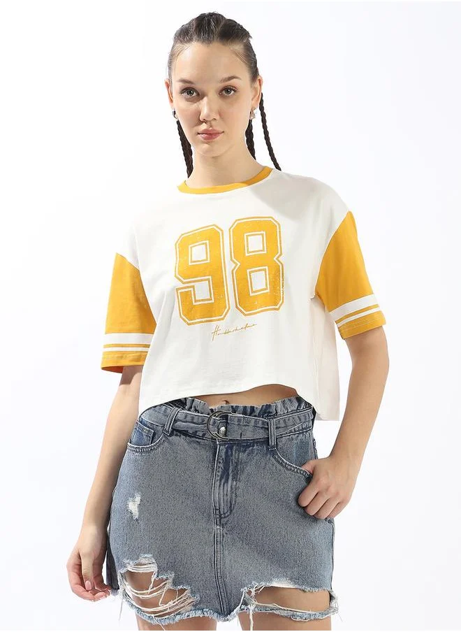 هوبرهولمي Women's Multicolour 100% Cotton Printed Boxy Fit T-Shirt
