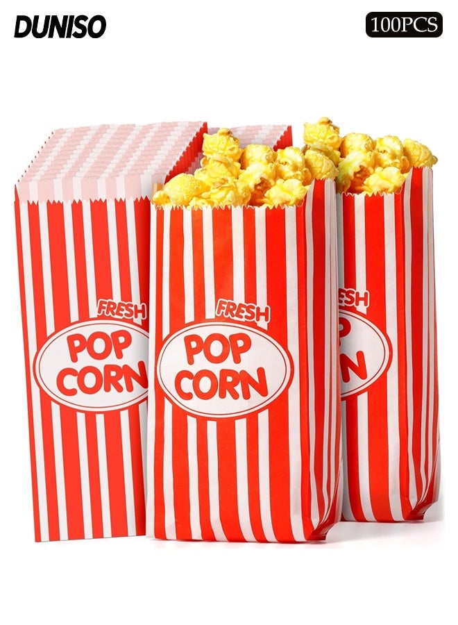 DUNISO 100 قطعة صناديق فشار، حاويات فشار ورقية، قابلة للتصرف وغير قابلة للتسرب، أكياس فشار فردية مخططة بالأحمر والأبيض لليلة السينما، حفلة الكرنفال - Image 1