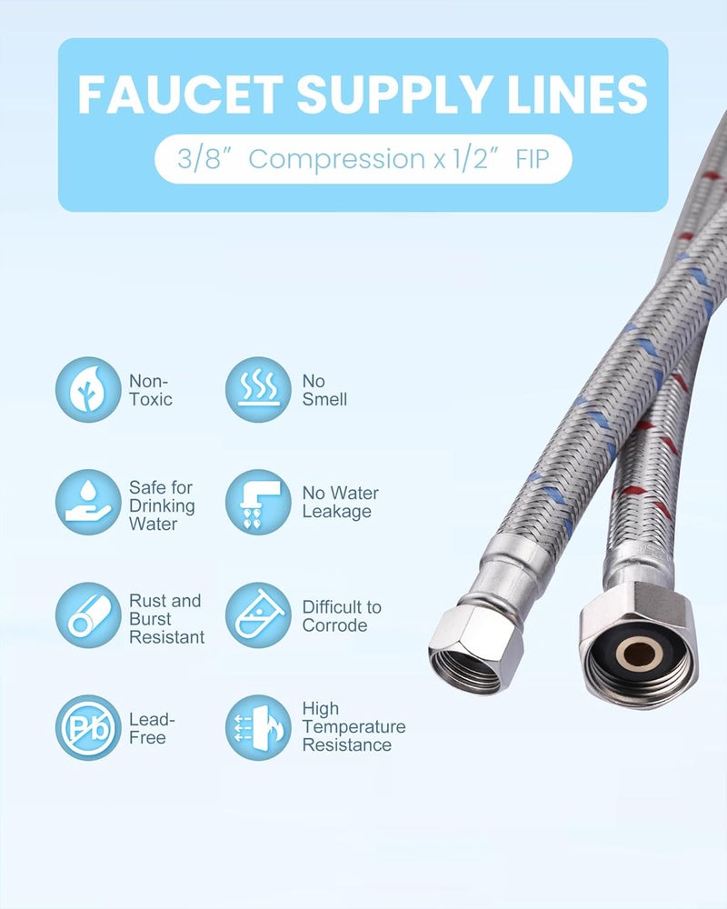 IVIGA 48-Inch Faucet Supply Lines: Braided Stainless Steel Flexible Faucet Hose Connector - 3/8" Compression x 1/2" FIP Water Supply Lines for Kitchen Bathroom Sink Hose Extension 2pcs - Image 4