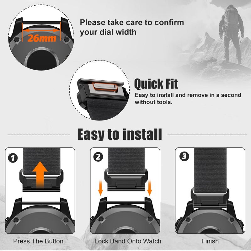 ANCOOL Compatible for Garmin Fenix 7X/6X/5X Band, 26mm Easy Fit Nylon Straps for Garmin Fenix 3/5X Plus/6X Pro/Tactix Delta/Enduro 2 Bands (Black) - Image 3