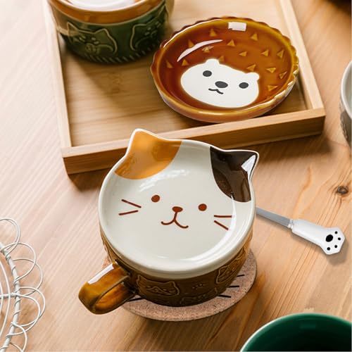 BigNoseDeer Gifts for Women Her Cute Kawaii Cat Coffee Mugs with Lids Christmas Birthday Presents for Girls Friend Kids Men Wife Mom Grandma Teacher Novelty Animal Coffee Ceramic Tea Cup Dessert Saucer Set - Image 3