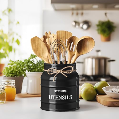 Barnyard Designs Ceramic Farmhouse Utensil Holder for Kitchen Counter, Large Rustic Utensil Crock, Countertop Cooking Tool Spatula Organizer, 6.75” (Black) - Image 2