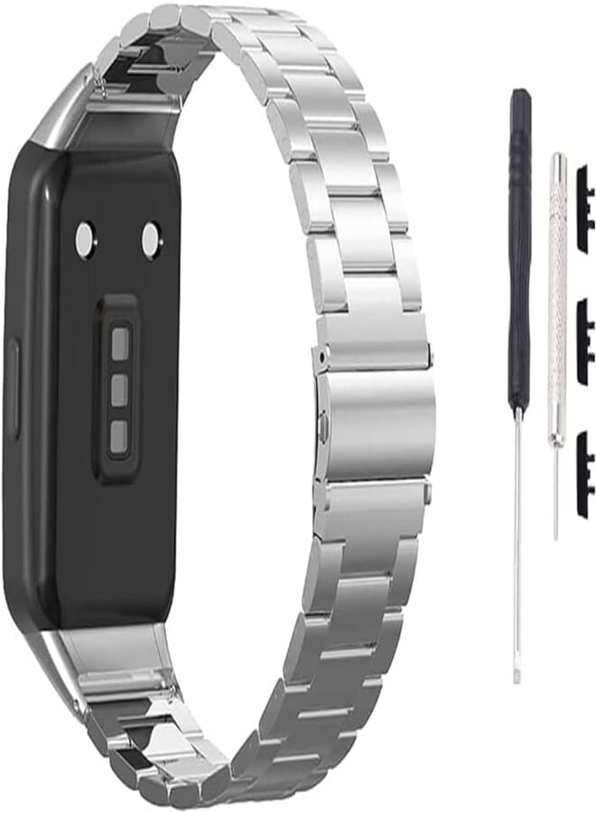 G-Power Stainless Steel Replacement Wrist Band Strap With Double Folding Clasp And High Elasticity Design Specially For Huawei Smart Watches Like Honor Band 6 - Silver 