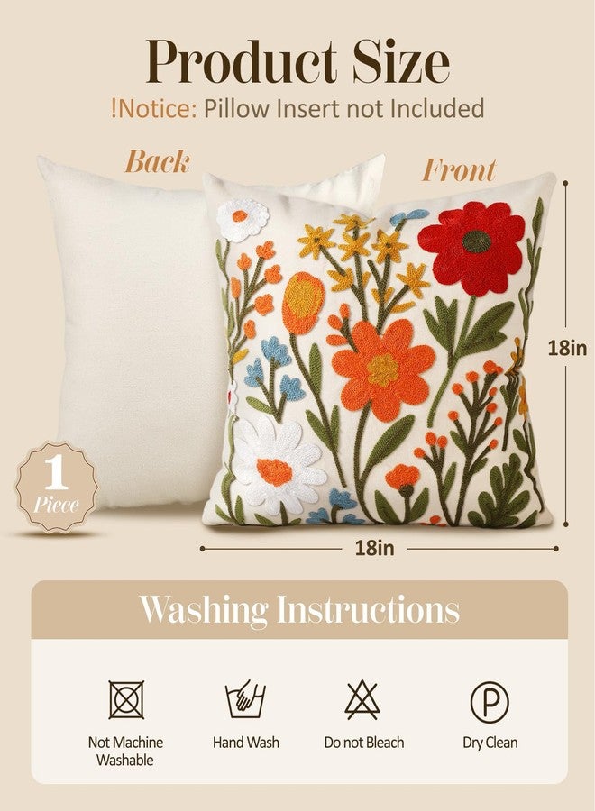 Kokaaee Embroidered Throw Pillow Covers 18x18 Inch - Summer Boho Decorative Pillow Cover with Zipper for Living Room Couch Sofa Bed Aesthetic Design Flower Cluster Linen Cushion Pillowcase - Image 4