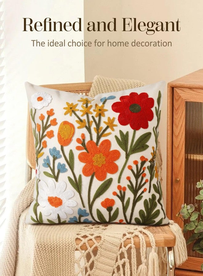 Kokaaee Embroidered Throw Pillow Covers 18x18 Inch - Summer Boho Decorative Pillow Cover with Zipper for Living Room Couch Sofa Bed Aesthetic Design Flower Cluster Linen Cushion Pillowcase - Image 5