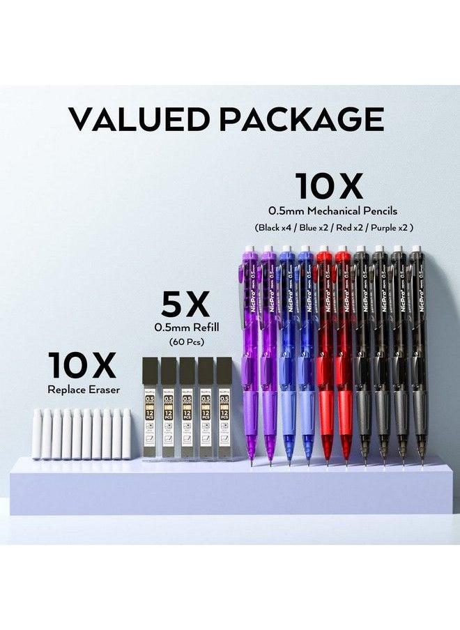Nicpro - 25Pcs 0.5 Mm Art Mechanical Pencil Bulk Set 10Pcs Rotateerase & Fast Click Lead Mechanical Pencils 0.5Mm With 5 Tubes Hb Lead Refills 10 Eraser Refills For Student Writing Drafting Sketching - Image 1