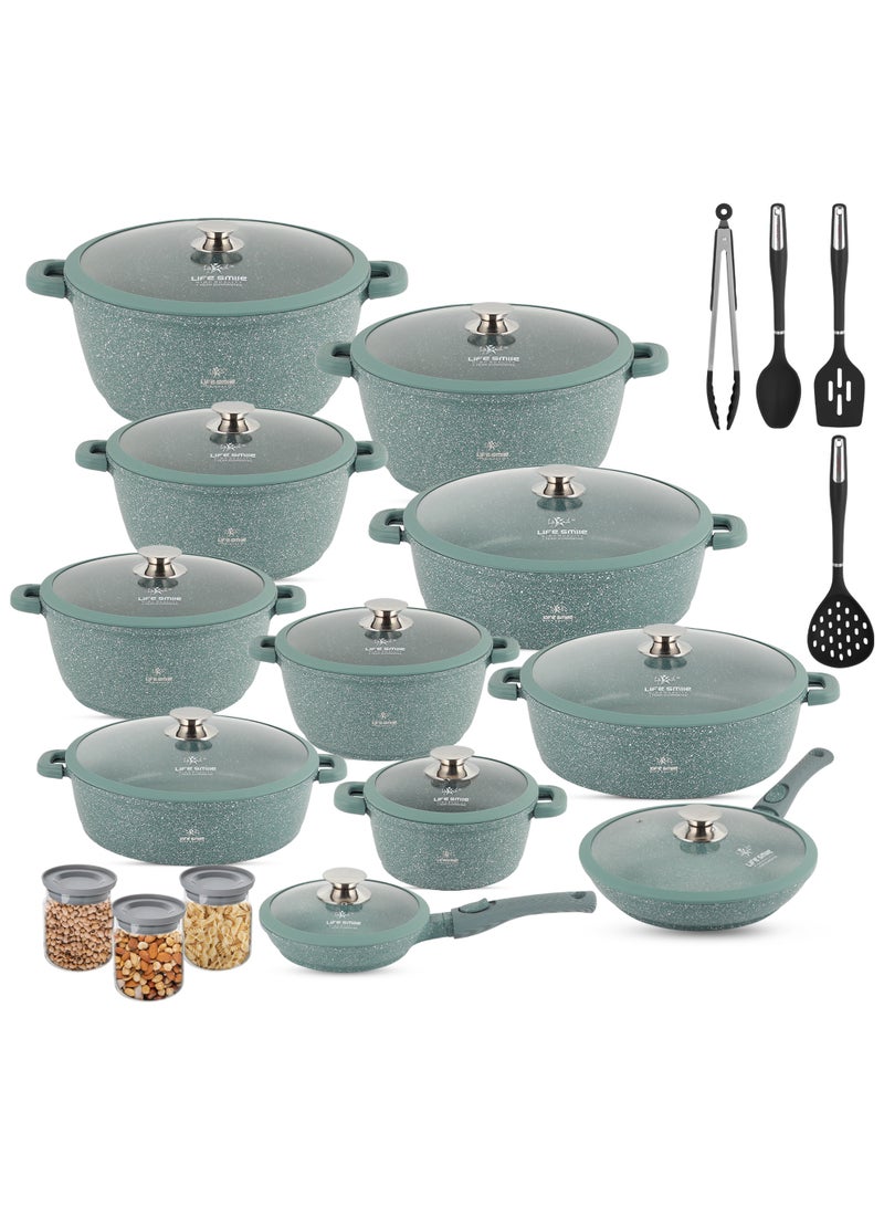 Life Smile LIFE SMILE Cookware Set - Pots and Pans set Granite Non Stick Coating 100% PFOA FREE, Induction Base Cooking Set with Removable Silicone Handles - Oven Safe (Green, 47 Pieces)  - Image 1