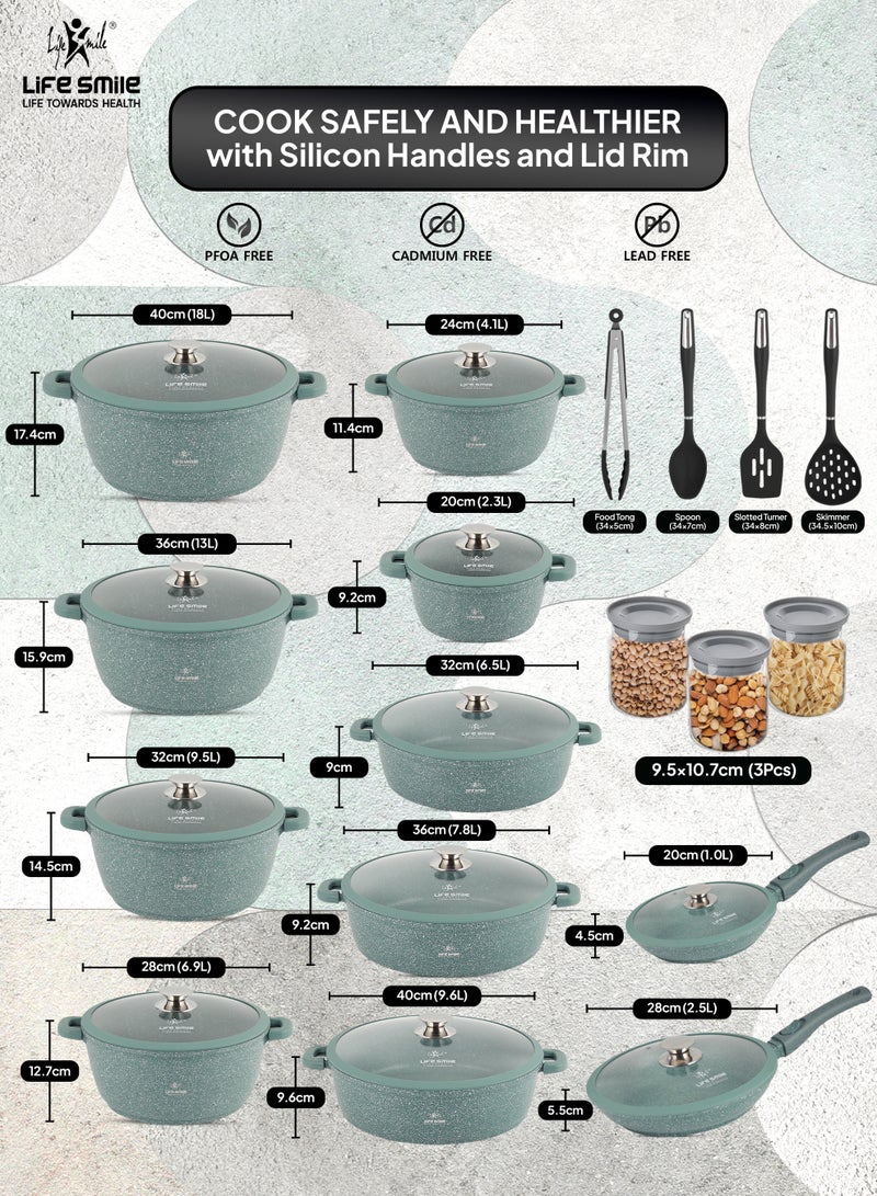 Life Smile LIFE SMILE Cookware Set - Pots and Pans set Granite Non Stick Coating 100% PFOA FREE, Induction Base Cooking Set with Removable Silicone Handles - Oven Safe (Green, 47 Pieces)  - Image 4