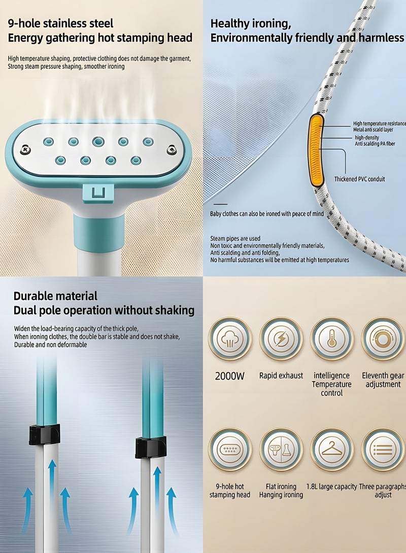 بيوينتي أداة كي بالبخار بقطبين، جهاز كي بخار للملابس قائمة مع علاقة ملابس قابلة للتعديل وعجلات دوارة، لوح كي مدمج، أداة كي كهربائية عالية الطاقة قابلة للتعديل للمنزل - Image 3