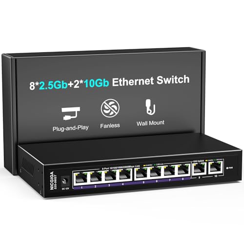 NICGIGA 10Gbe Ethernet Switch Unmanaged with 2 x 10Gb RJ45 Ports ➕ 8 x 2.5Gb Base-T Ports, Desktop/Wall Mount NICGIGA 10 Port 10Gbps Network Switch for Wireless AP, NAS, PC - Image 1