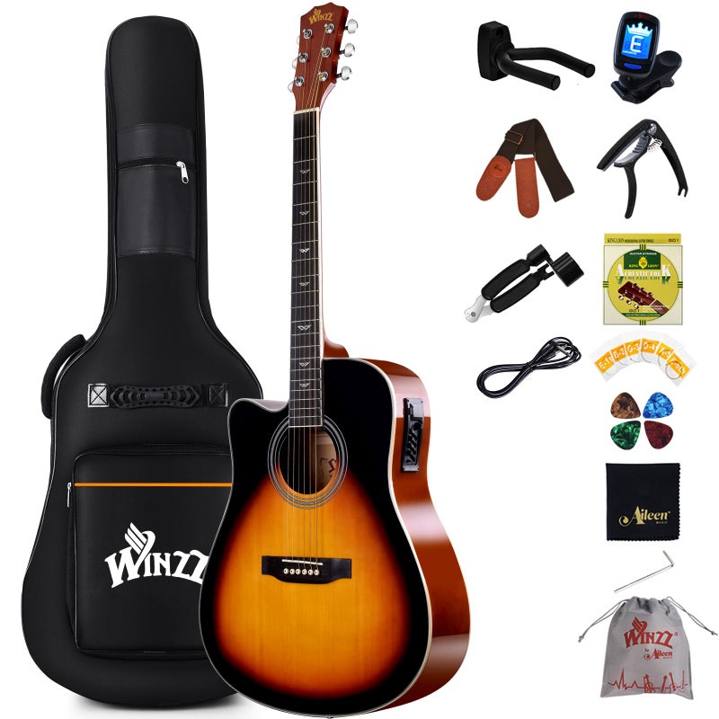 Winzz 4/4 Electro Acoustic Guitar, Left-Handed Western Guitar Set, Adult Beginners, Acoustic Guitar 41 Inch with 4-Band Equaliser (Dreadnought,Glossy Sunburst) - Image 1
