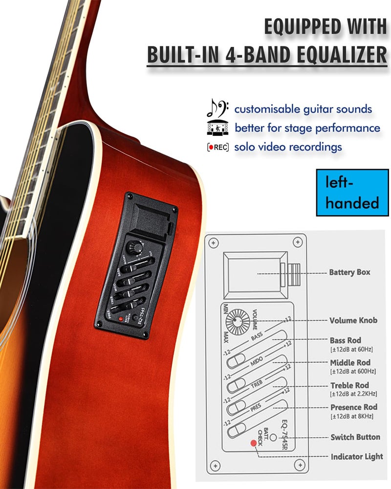 Winzz 4/4 Electro Acoustic Guitar, Left-Handed Western Guitar Set, Adult Beginners, Acoustic Guitar 41 Inch with 4-Band Equaliser (Dreadnought,Glossy Sunburst) - Image 5