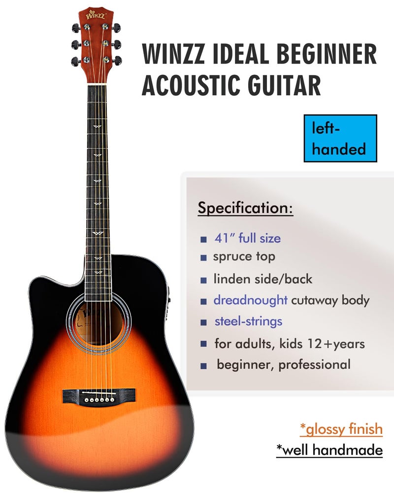 Winzz 4/4 Electro Acoustic Guitar, Left-Handed Western Guitar Set, Adult Beginners, Acoustic Guitar 41 Inch with 4-Band Equaliser (Dreadnought,Glossy Sunburst) - Image 3
